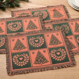 Vintage Handmade 6 Red & Green Placemats and 1 Runner 30 X 70 Cottage Core Decor